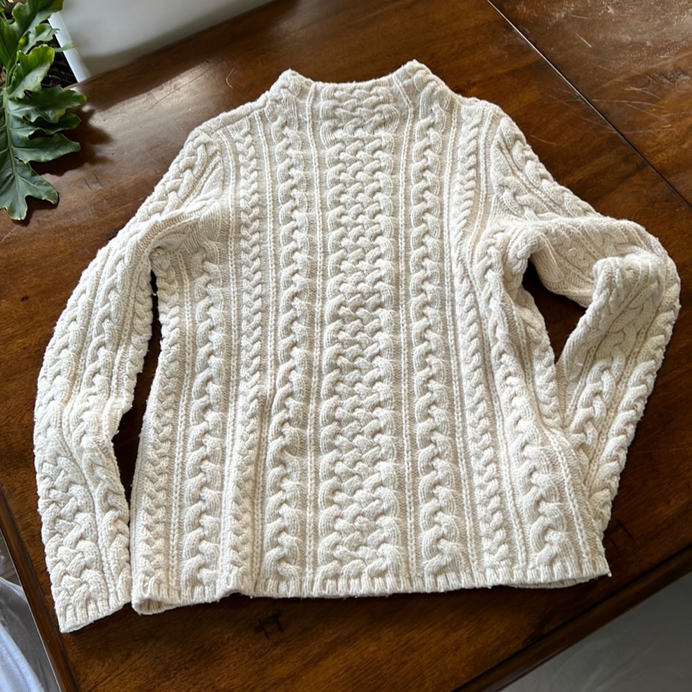Lands’ End Cotton Blend Mock Neck Aran Cable Sweater - Large Tall LT - Birch